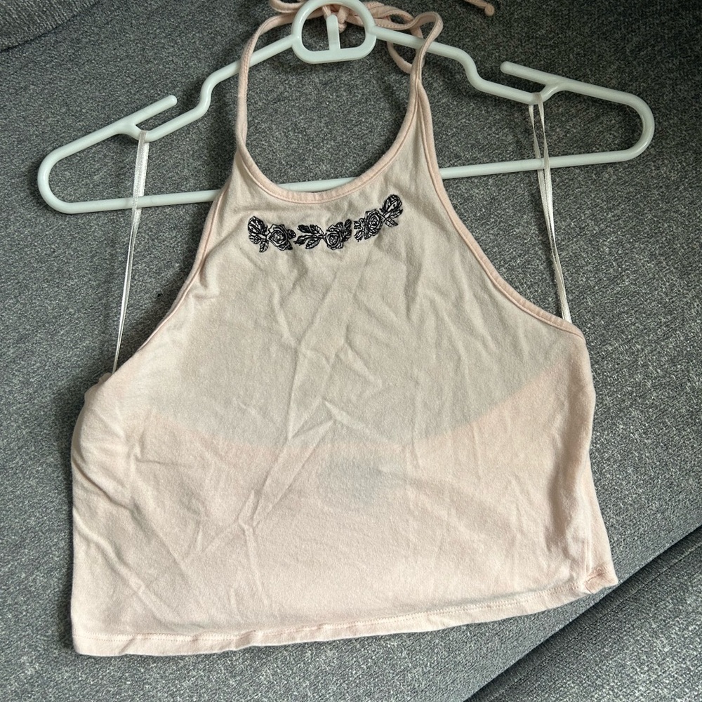 Boho Embroidered Flower Baby Pink Halter Crop Top